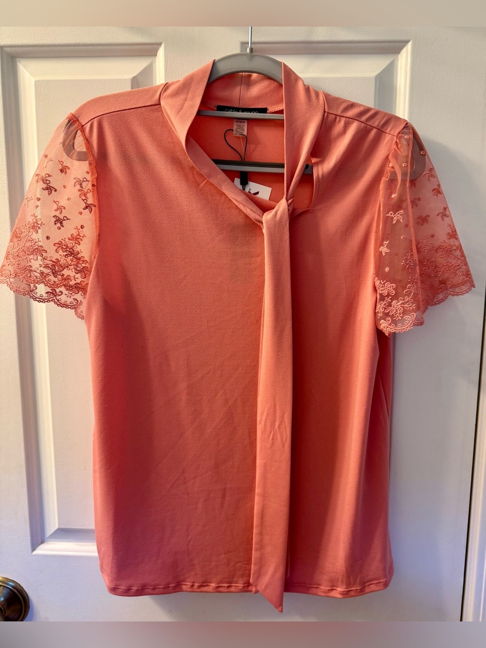 NWT Cable & Gauge - Coral Tie-Neck Blouse with Lace Short Sleeves